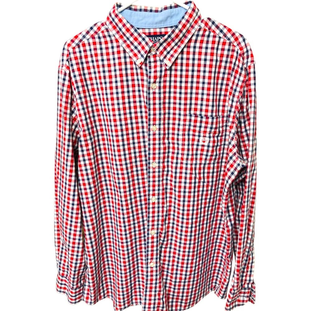 Chaps Easy Care Men's Red Plaid Long Sleeves Collared Neck Button Down Shirt XL